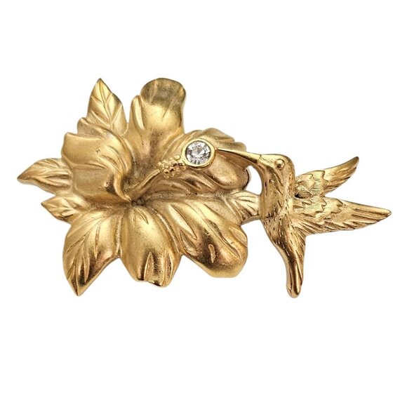 Monet Matte Gold Tone Hummingbird Flower Brooch Rhinestone Vintage Pin Signed,J1 - Picture 2 of 10